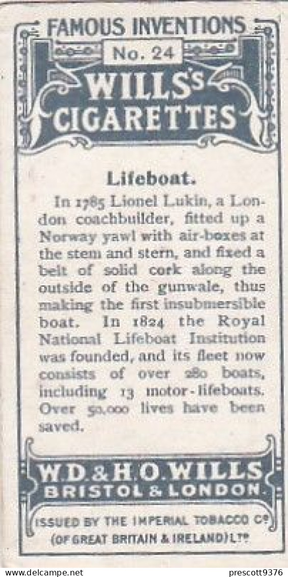 24 Lionel Lukin's Lifeboat  - Famous Inventions 1915 -  Wills Cigarette Card -   - Antique - 3x7cms - Wills