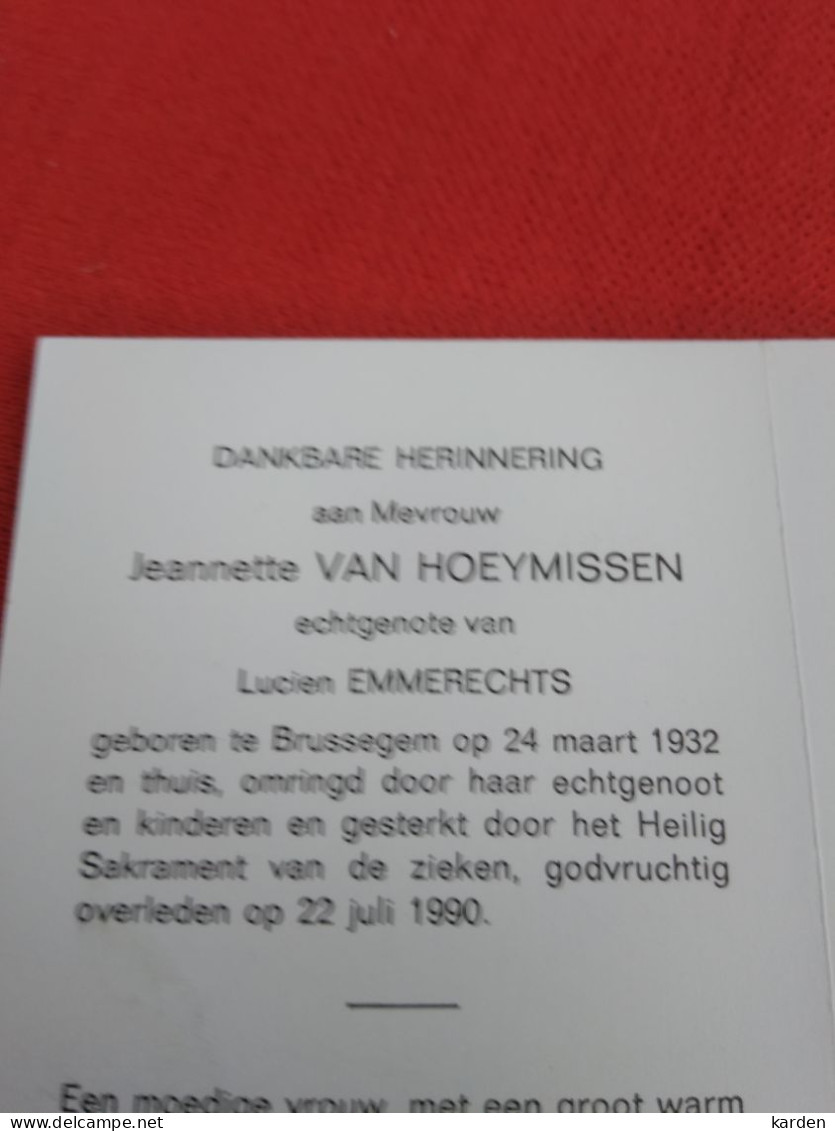 Doodsprentje Jeannette Van Hoeymissen / Brussegem 24/3/1932 - 22/7/1990 ( Lucien Emmerechts ) - Religion & Esotérisme