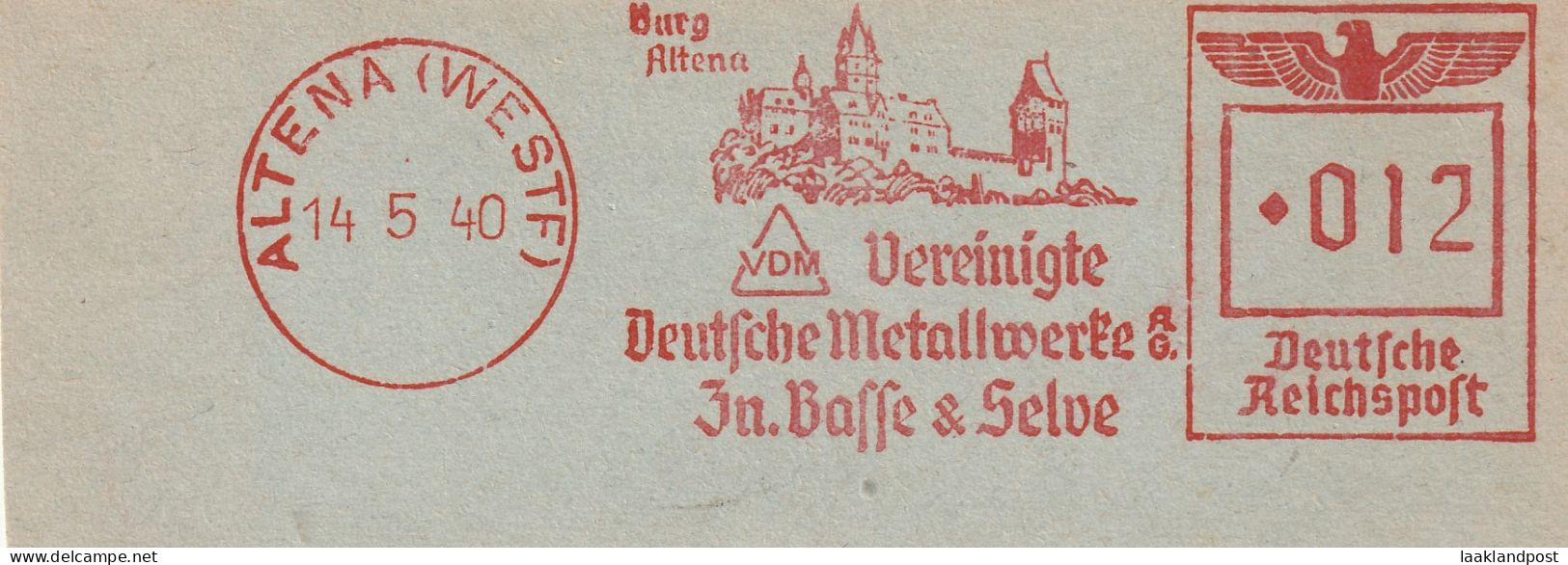 Deutsche Reichpost Nice Cut Meter Freistempel Vereinigte Deutsche Metallwerke Basse, Altena 14-5-1940 Castle - Frankeermachines