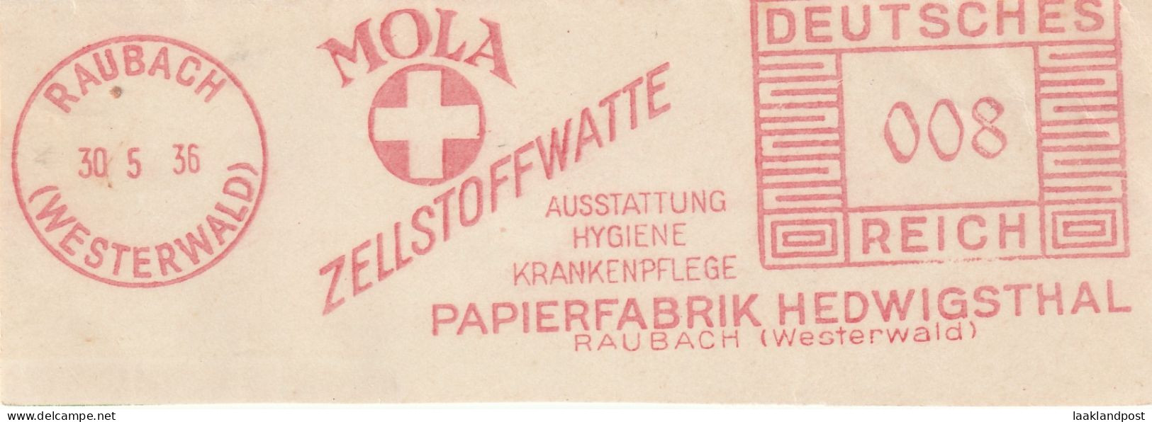 Deutsche Reichpost Nice Cut Meter Freistempel Mola Zellstoffwate, Papierfabrik Hedwigstahl, Raubach 30-5-1936 - Franking Machines