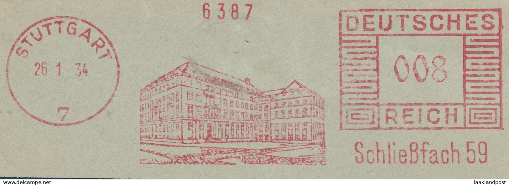 Deutsche Reichpost Nice Cut Meter Freistempel Rathaus Schlessfach, Stuttgart 26-1-1934 - Franking Machines