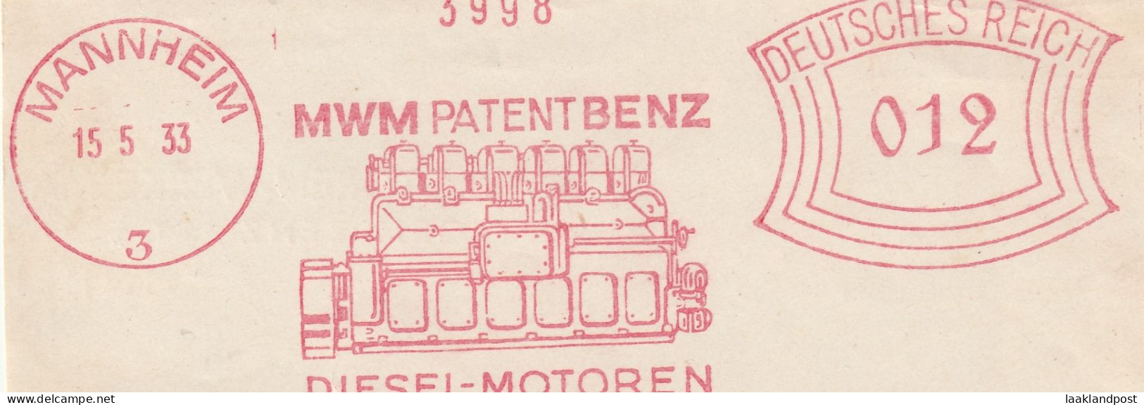 Deutsche Reichpost Nice Cut Meter Freistempel MWM Patent Benz Diesel Motoren, Mannheim 15-5-1933 - Frankeermachines