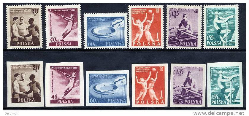 POLAND 1955 Youth Sports Festival Perforated And Imperforate Sets MNH / **.  Michel 934-39A-B - Neufs