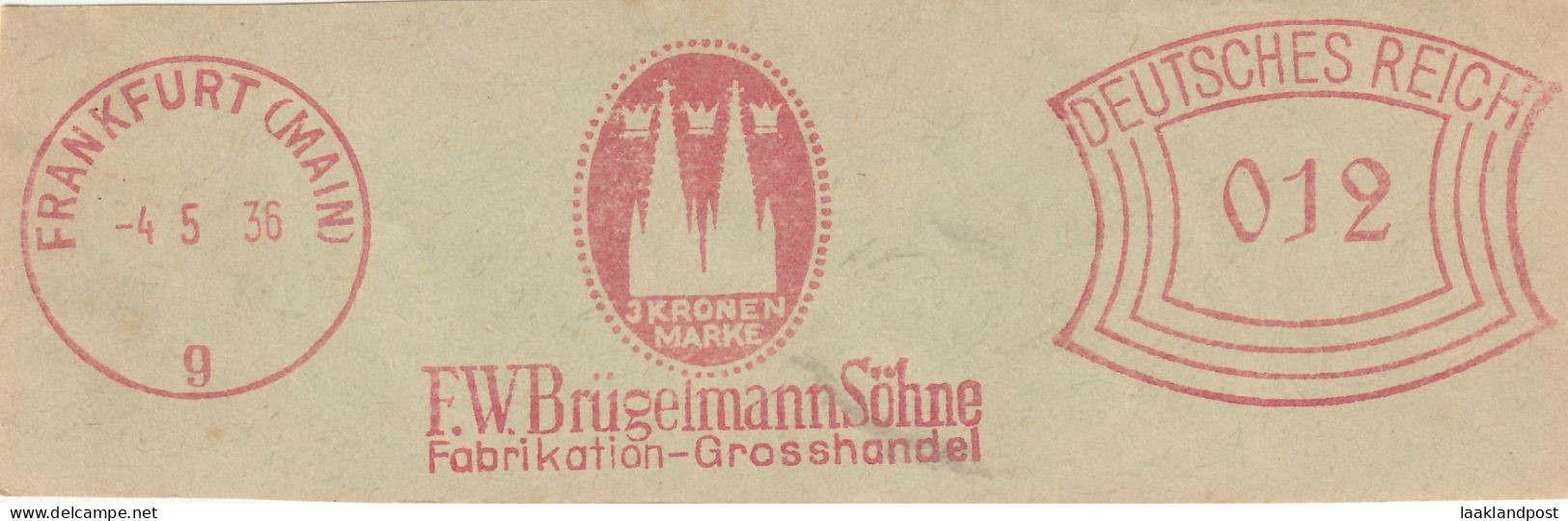 Deutsche Reichpost Nice Cut Meter Freistempel F.W. Brugelelmann Fabrikation Grosshandel. Frankfurt 4-5-1936 - Franking Machines