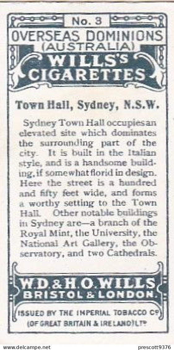 3 Sydney Town Hall  - Australia O/S Dominions 1915 -  Wills Cigarette Card -   - Antique - 3x7cms - Wills