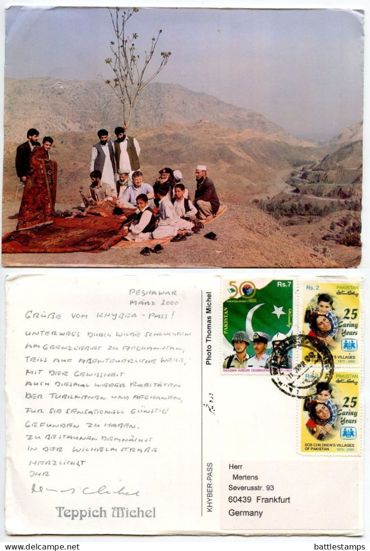 Pakistan 2000 Postcard Khyber Pass - Rug Dealers; Peshawar Postmark; 7r. Armed Forces & 2r. Children Stamps - Pakistán