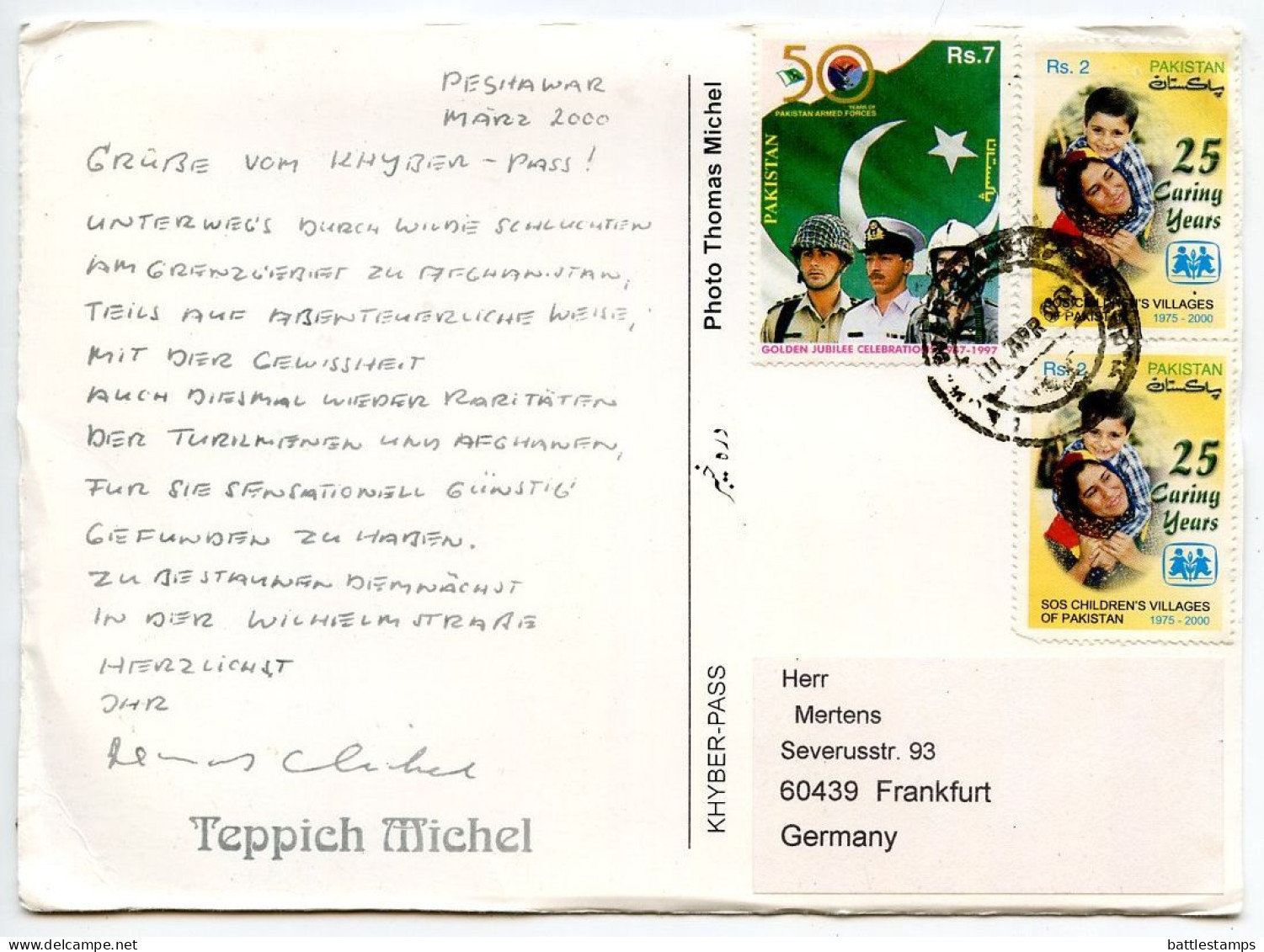 Pakistan 2000 Postcard Khyber Pass - Rug Dealers; Peshawar Postmark; 7r. Armed Forces & 2r. Children Stamps - Pakistán