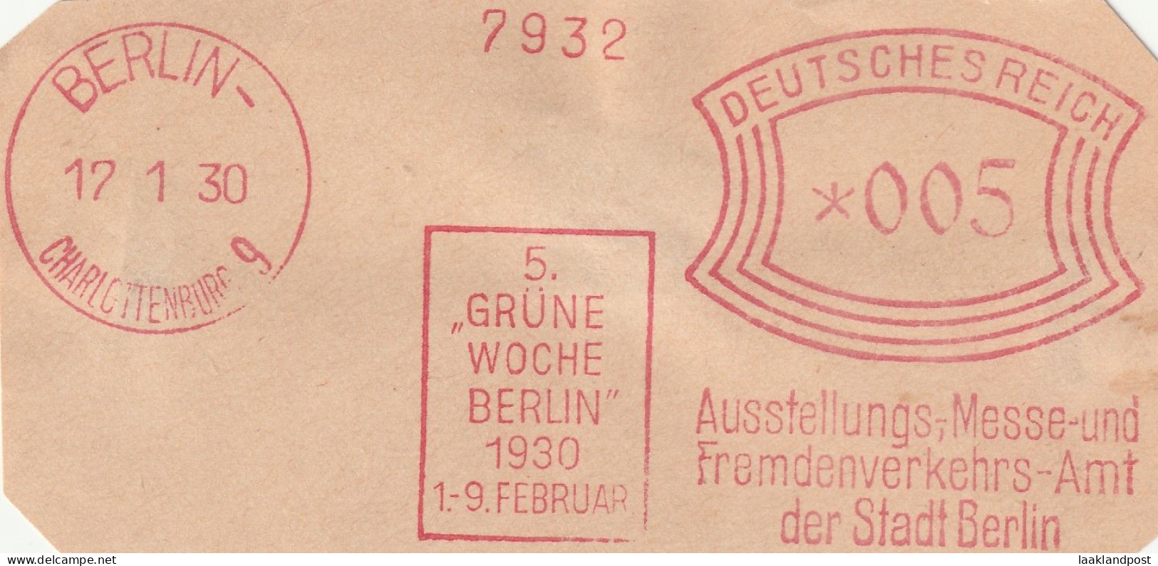 Deutsche Reichpost Nice Cut Meter Freistempel Grune Woche Berlin 1930, Ausstellungs-Messe Und Fremdenverkehr, Berlin1930 - Frankeermachines