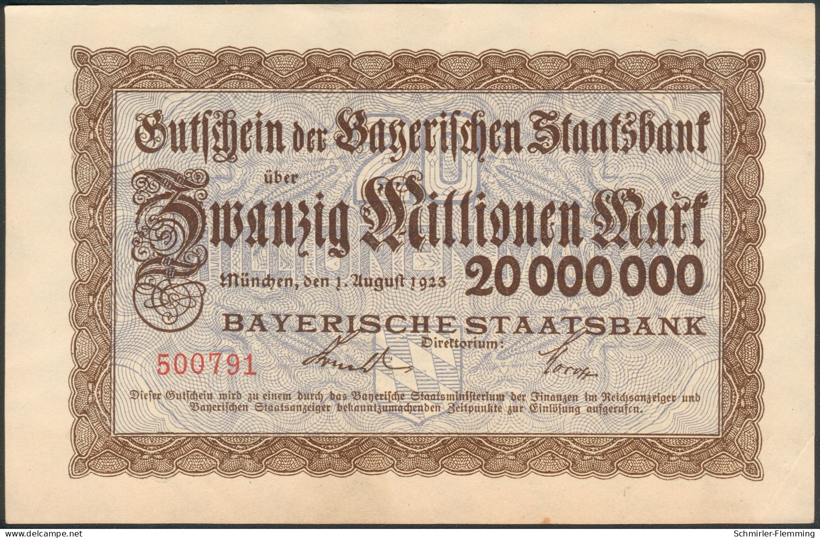 Bayerische Bank 20 Millionen Mark 1. Aug. 1923 Rote Kenn Nr.500791(6stellig) UNC.- - 20 Miljoen Mark