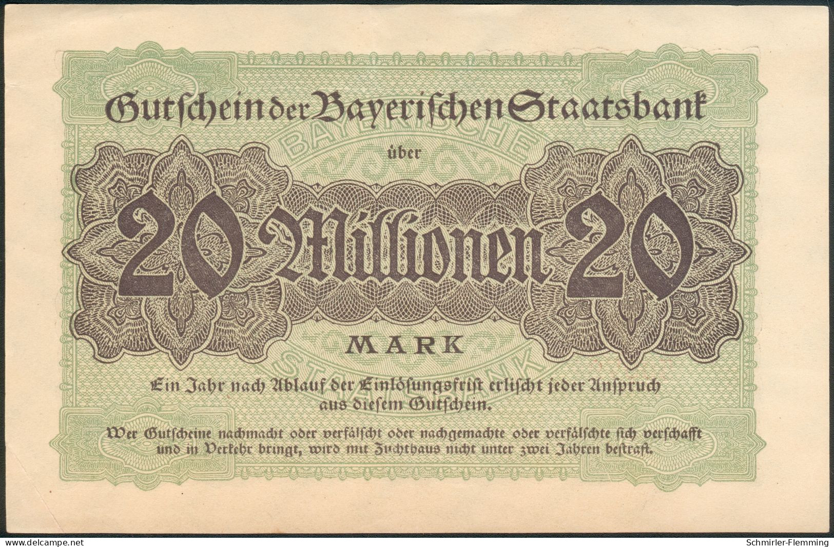 Bayerische Bank 20 Millionen Mark 1. Aug. 1923 Rote Kenn Nr.500791(6stellig) UNC.- - 20 Miljoen Mark