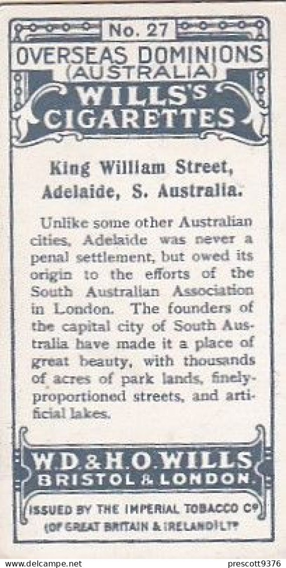 27 King William St, Adelaide  - Australia O/S Dominions 1915 -  Wills Cigarette Card -   - Antique - 3x7cms - Wills