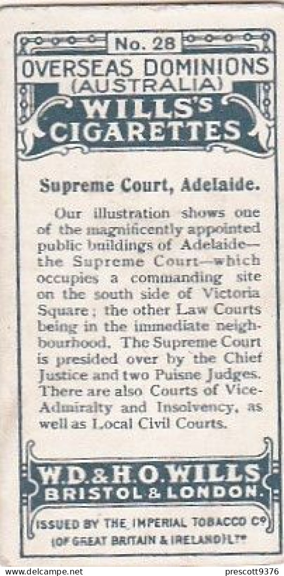 28 Supreme Court, Adelaide  - Australia O/S Dominions 1915 -  Wills Cigarette Card -   - Antique - 3x7cms - Wills