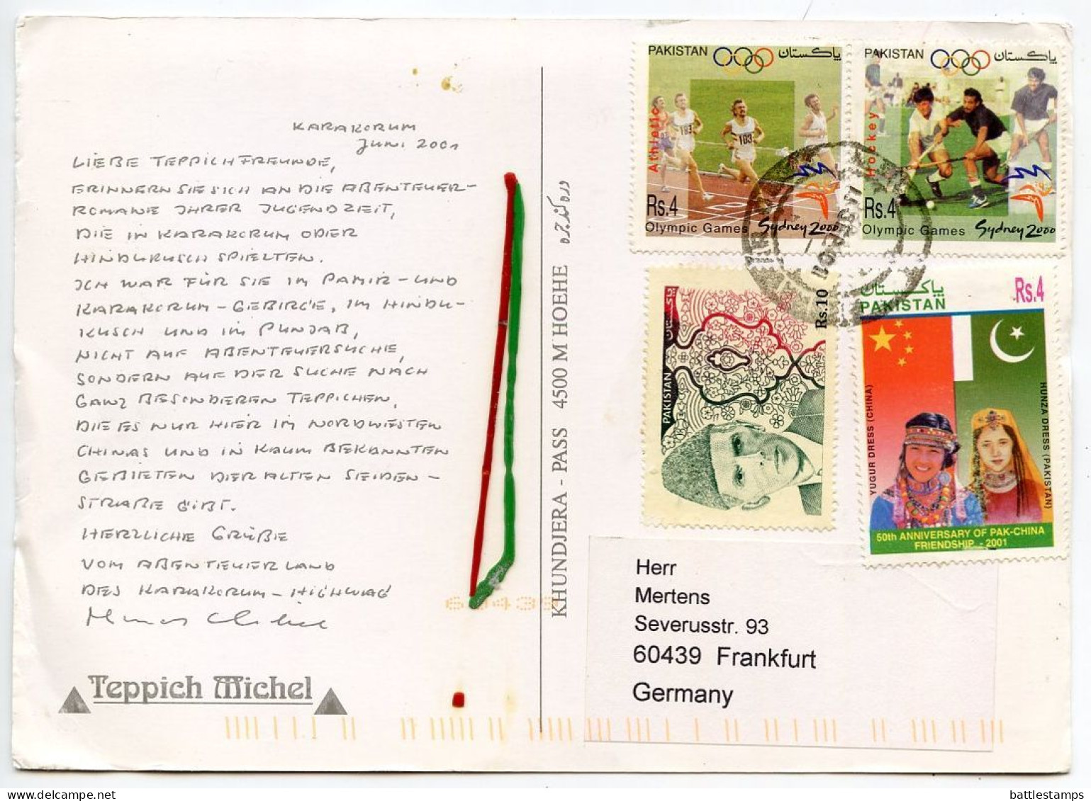 Pakistan 2001 Postcard Karakorum - Khundjera Pass; Mix Of Stamps - Olympics & Others - Pakistan