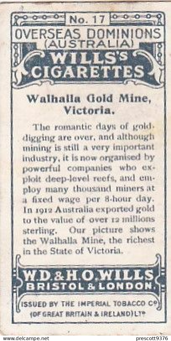 17 Walhalla Gold Mine, Victoria  - Australia O/S Dominions 1915 -  Wills Cigarette Card -   - Antique - 3x7cms - Wills