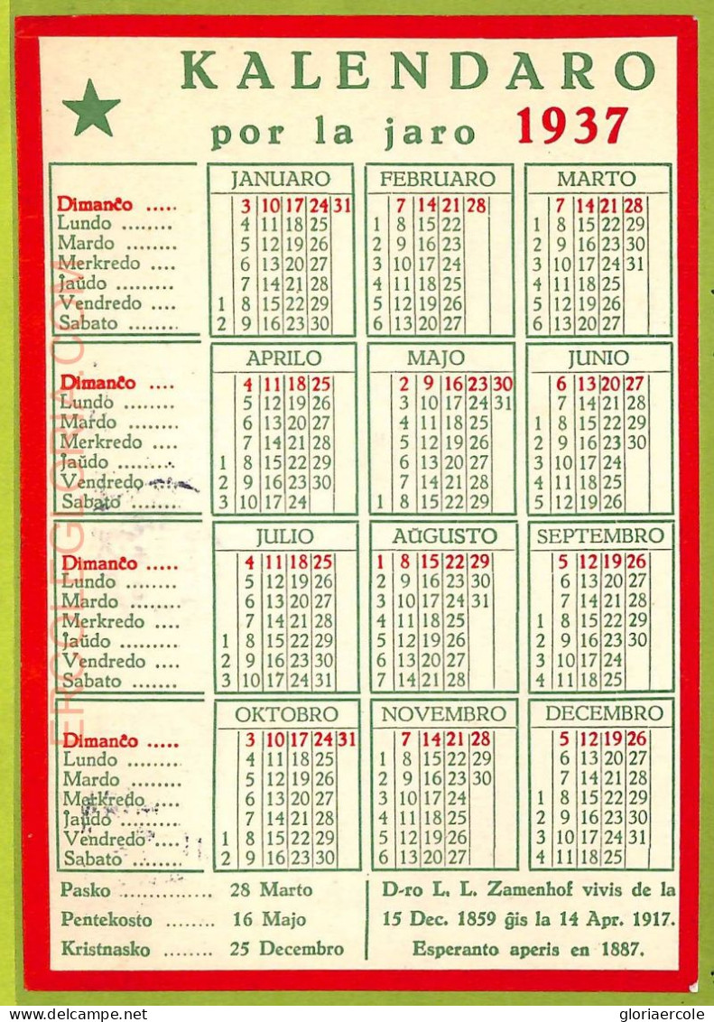 Ae9969 - VINTAGE  POSTCARD - ESPERANTO - 1937 Calendar! - Esperanto