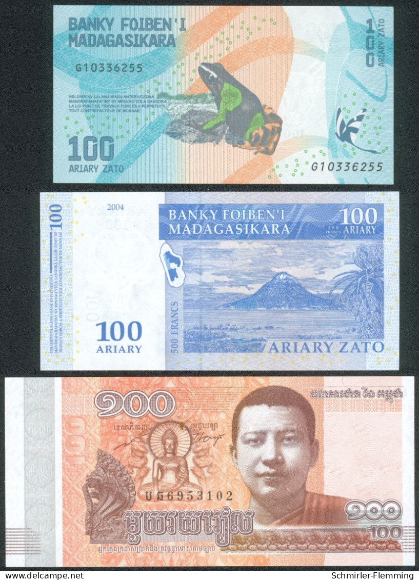 Lot/Posten Mit 3 Banknoten 2x Madagasikara, 1x Cambodia UNC.- - Sammlungen & Sammellose