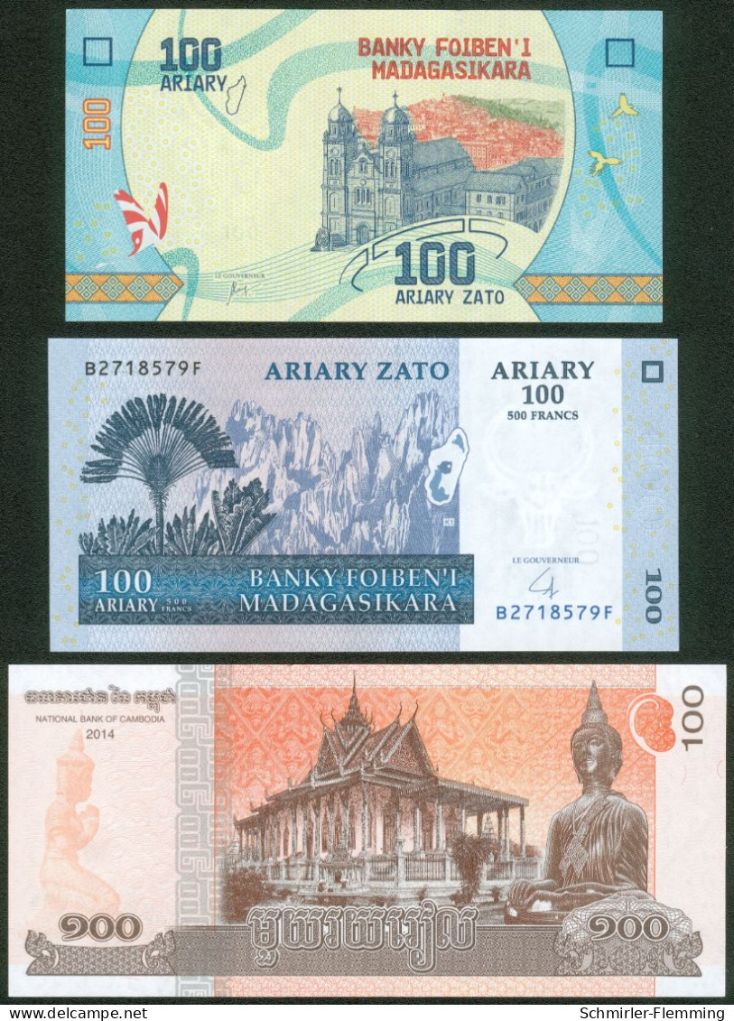 Lot/Posten Mit 3 Banknoten 2x Madagasikara, 1x Cambodia UNC.- - Sammlungen & Sammellose