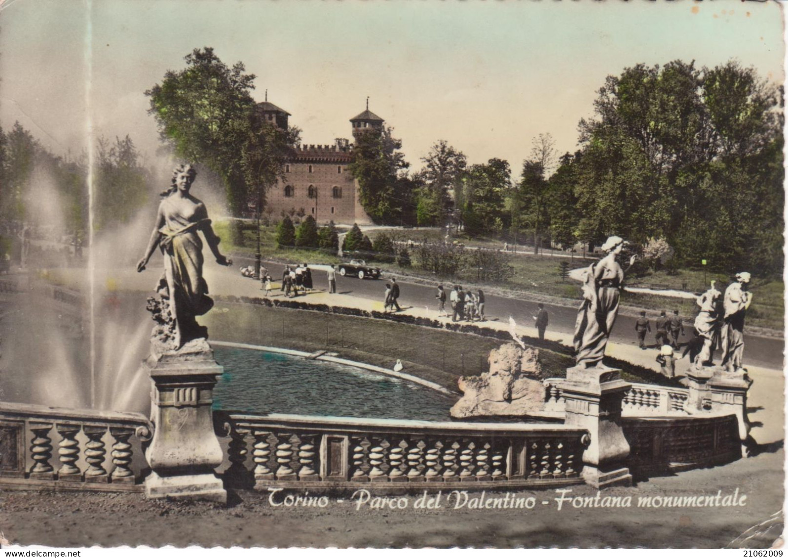 TORINO - FONTANA MONUMENTALE CASTLE CHATEAU SCHLOSS CASTELLO PARCO DEL VALENTINO, ACQUERELLATA -AUTO CAR VOITURE - V1956 - Castello Del Valentino