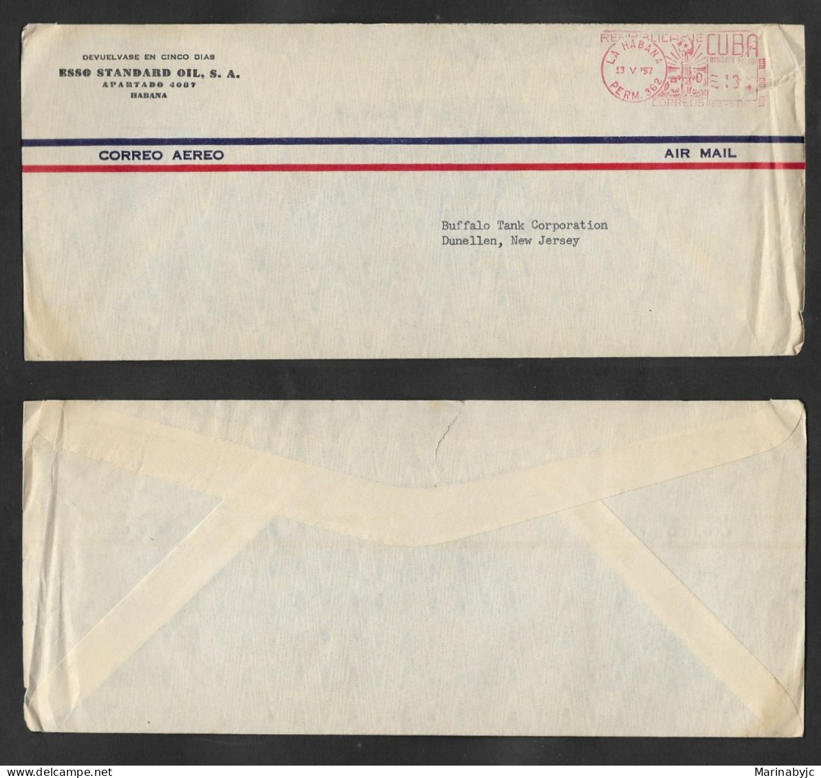 SE)1957 CUBA, COMMERCIAL ENVELOPE WITH MECHANICAL POSTAGE CUBA, AIR MAIL, CIRCULATED FROM HAVANA TO NEW JERSEY, VF - Usados