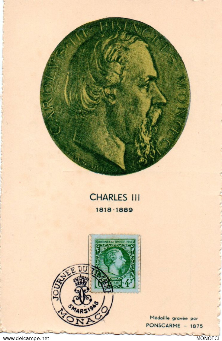 MONACO -- MONTE CARLO -- Carte Postale -- Journée Du Timbre 9 Mars 1948 -- CHARLES  III  1818 - 1889 - Oblitérés