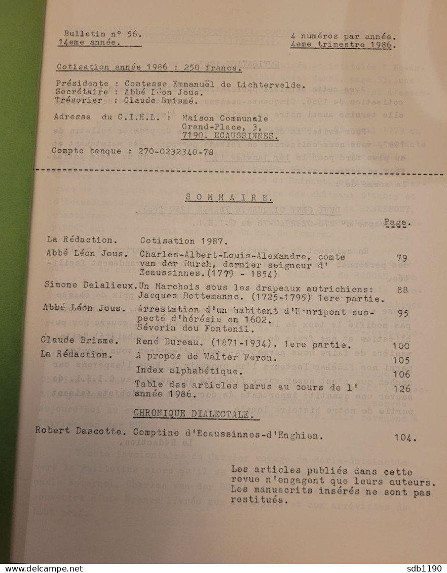 Le Val Vert - Bulletin Trimestriel Du Cercle D'information Et D'histoire Locale Des Ecaussines Et Henripont 4è Trim 1986 - Ecaussinnes