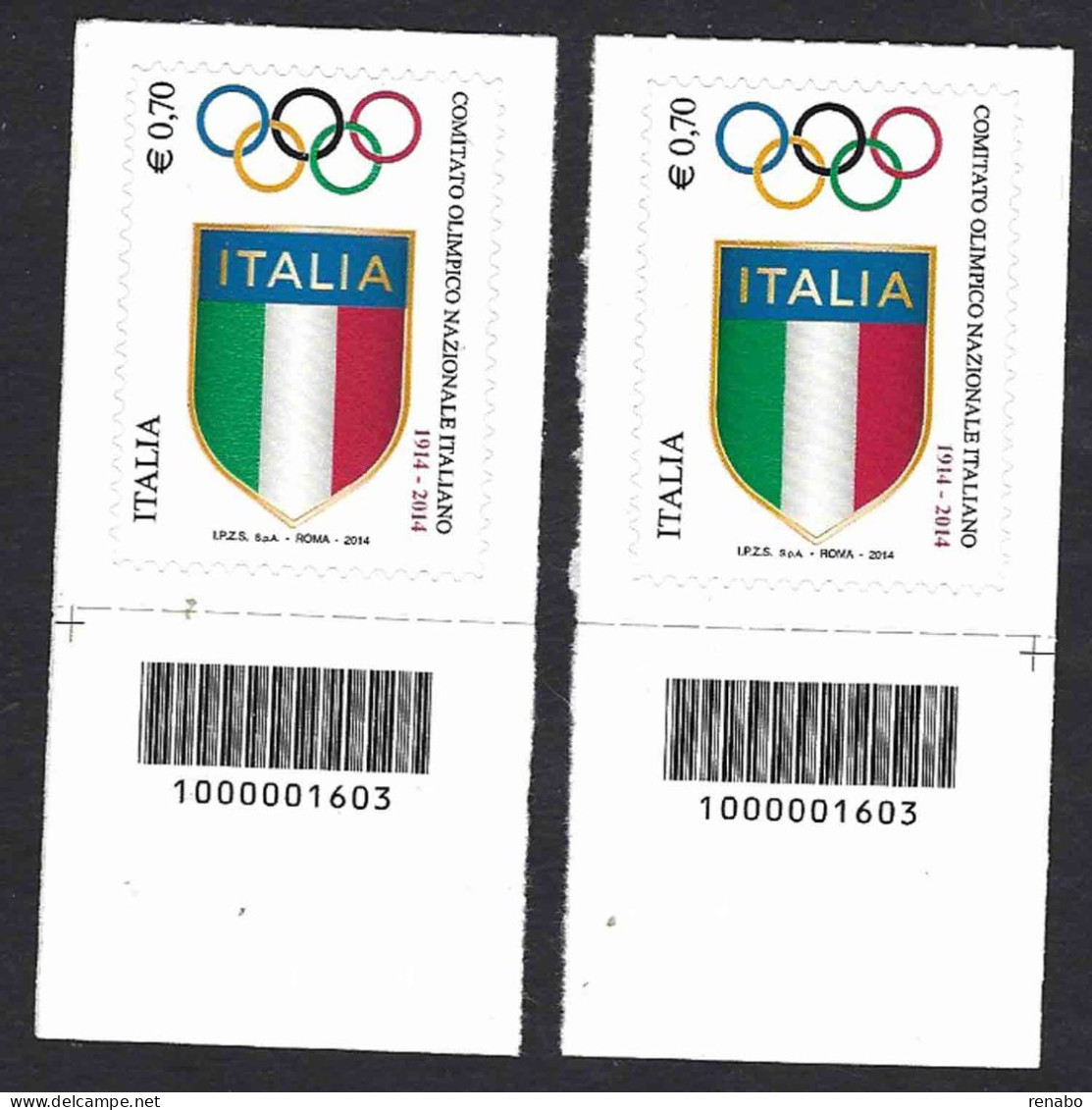 Italia 2014; CONI, Comitato Olimpico Nazionale Italiano: 2 Francobolli A Barre Opposte - Bar Codes