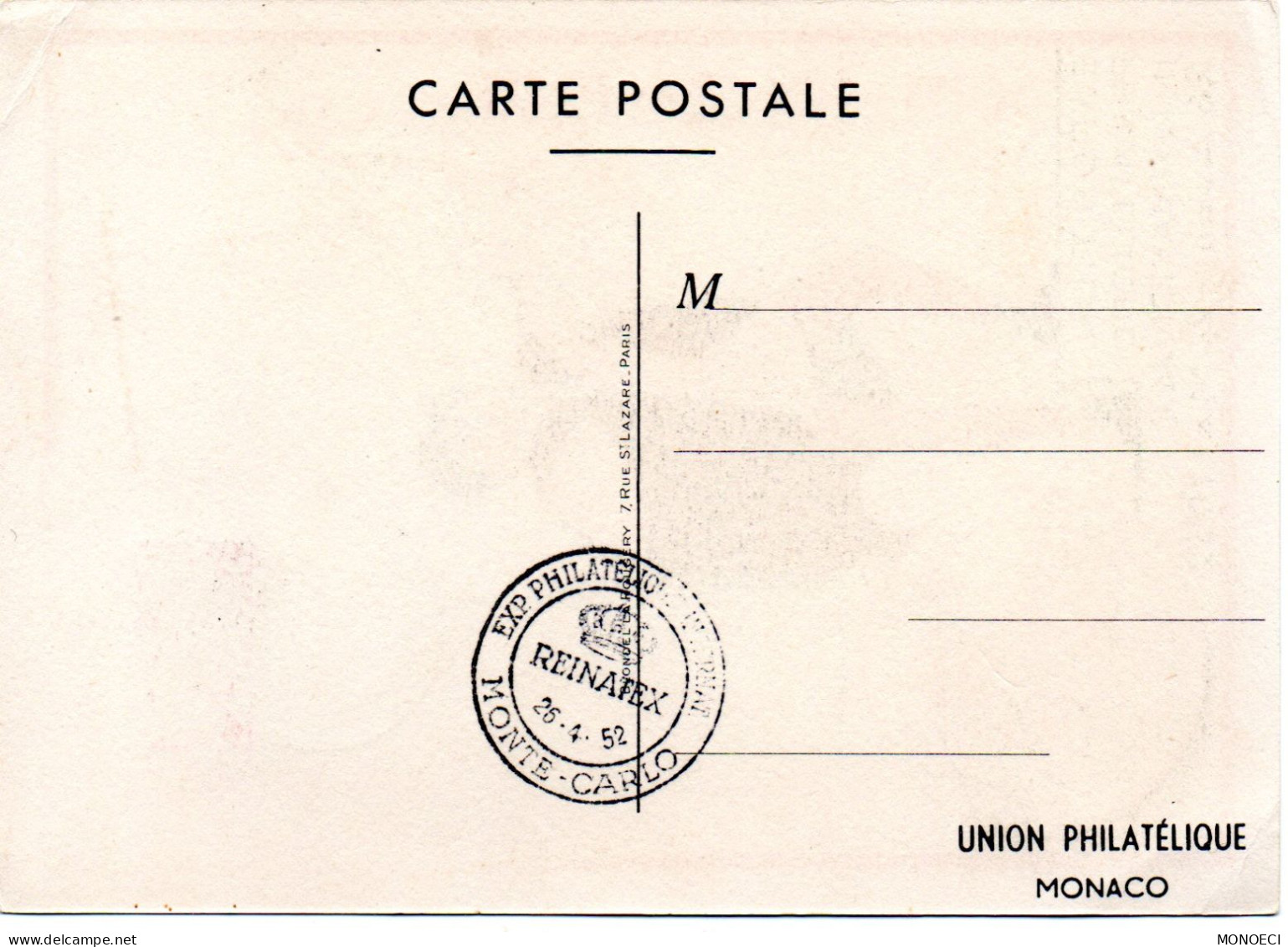 MONACO -- MONTE CARLO -- Carte Postale -- REINATEX -- Exposition Philatélique Internationale 26 Avril - 4 Mai 1952 - Gebraucht