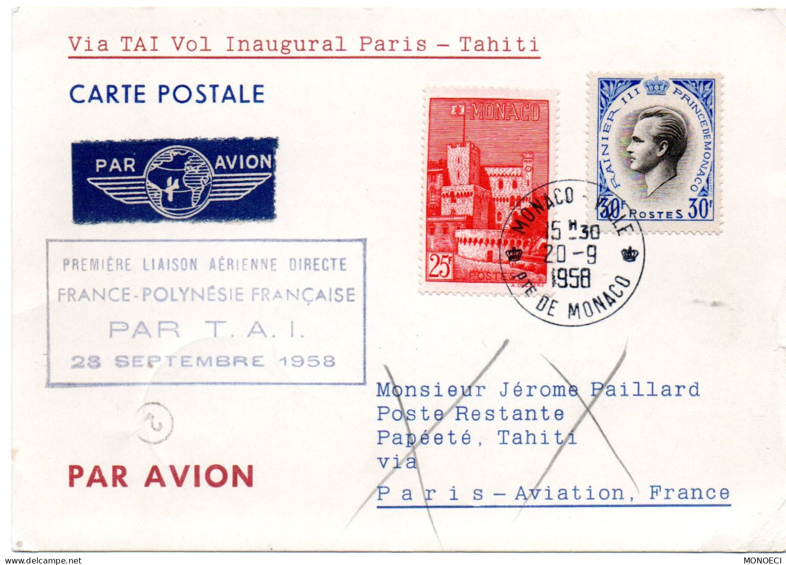 MONACO -- MONTE CARLO -- Carte Postale -- Via T.A.I. Vol Inaugural Paris -- Tahiti - Used Stamps