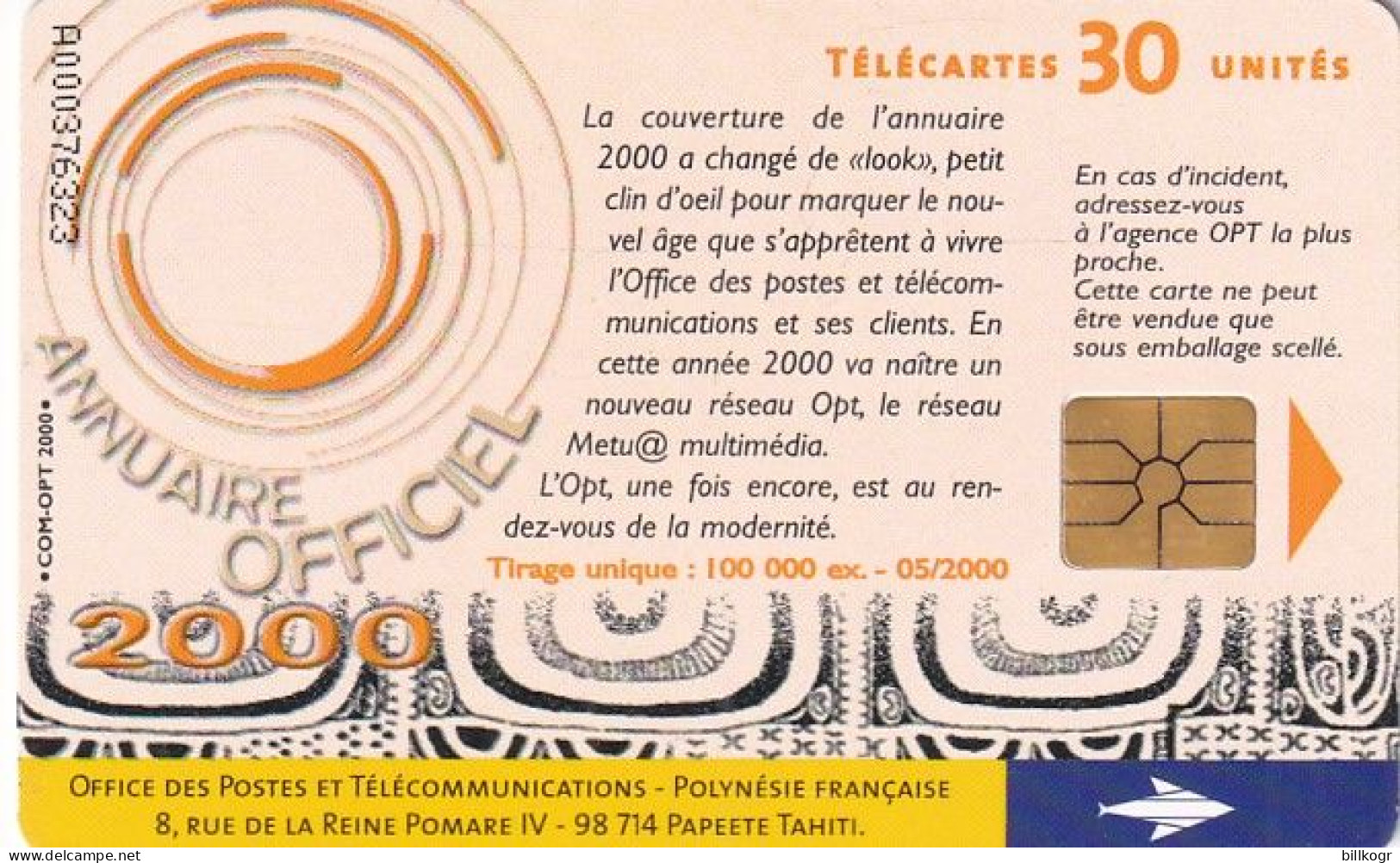 FRENCH POLYNESIA(chip) - Annuaire Officiel 2000, 05/00, Used - Polynésie Française