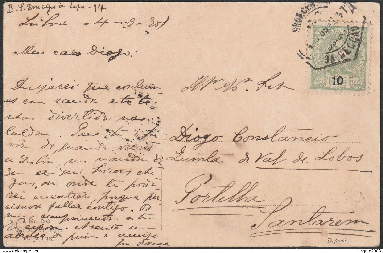 Postcard, D. Carlos 10 Rs. - 1909. Lisboa To Santarém - Briefe U. Dokumente