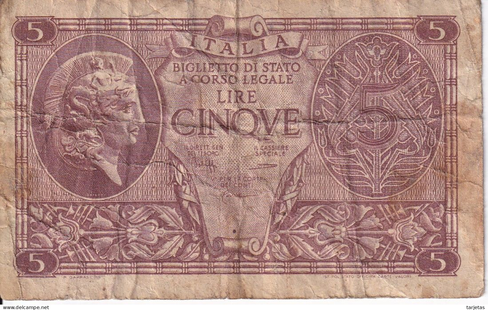 BILLETE DE ITALIA DE 5 LIRE  BIGLIETO DI STATO DEL AÑO 1944 (BANKNOTE) - Italië– 5 Lire