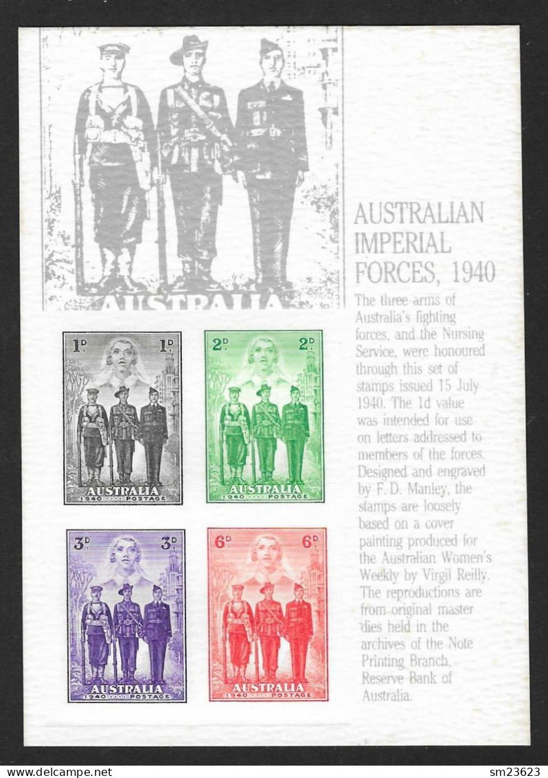 Australien 1940  Mi.Nr. 156 / 159 , Stamp Replica Card No.18 - Postfrisch / MNH (**) - On Paper Druck - Andere & Zonder Classificatie