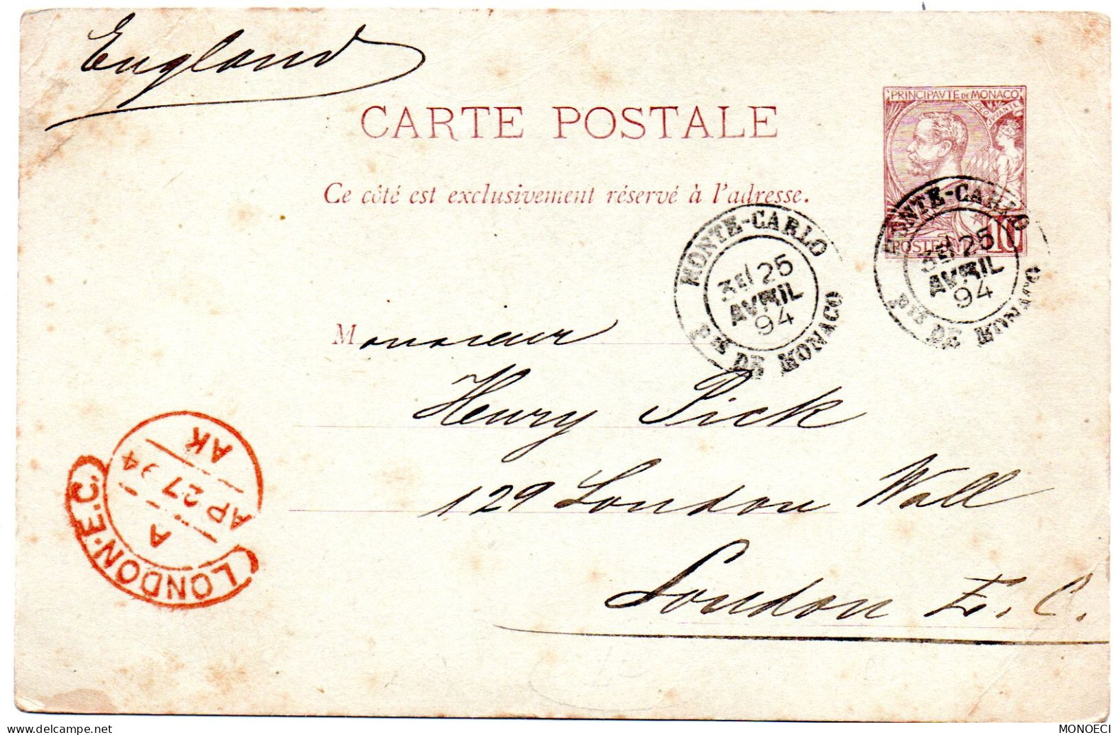 MONACO -- MONTE CARLO -- ENTIER POSTAL -- Carte Postale -- 10 C. Prince Albert 1er N° 7 Pour LONDRES - Postwaardestukken