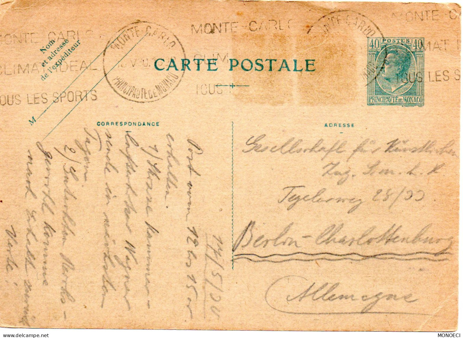 MONACO -- MONTE CARLO -- ENTIER POSTAL -- Carte Postale -- 40 C. Prince Louis II N° 13 - Ganzsachen