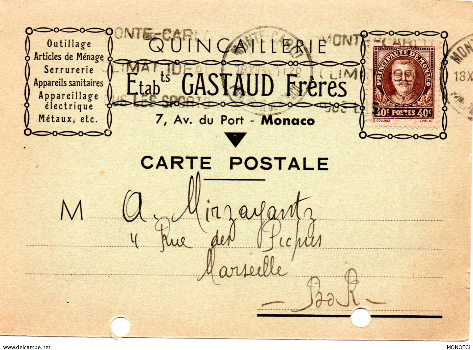 MONACO -- MONTE CARLO -- Carte Postale -- 40 C. Prince Louis II - Usati