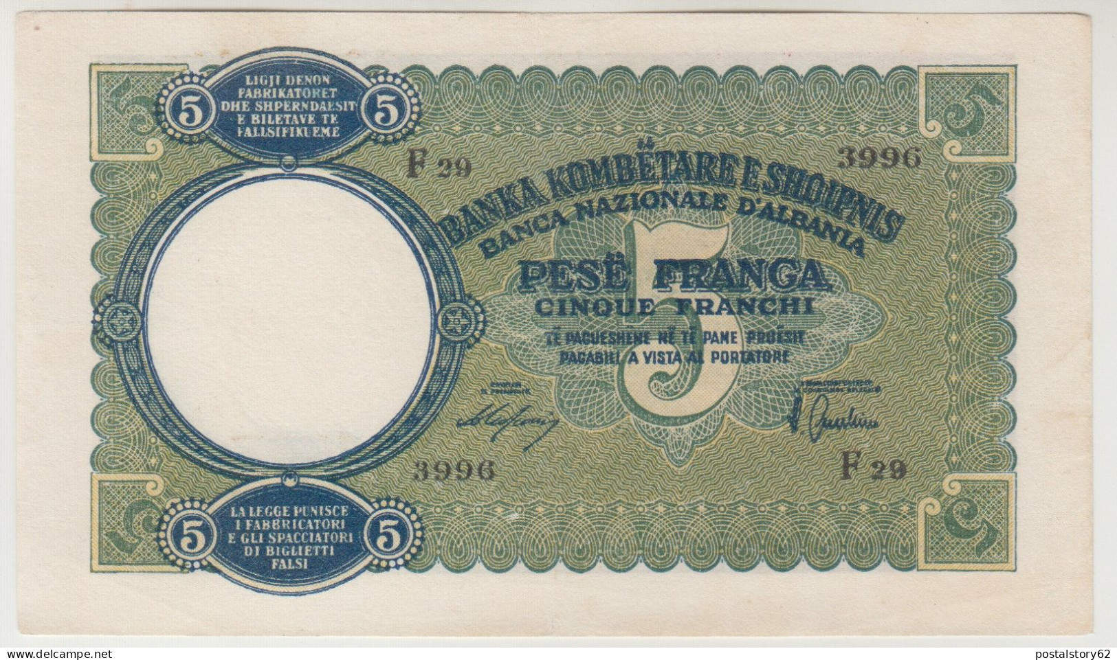 Albania, Occupazione Italiana . Banconota Da 5 Franga - Aquila Bicefala - Conservazione  QFDS Stupenda 1939 - Albanie