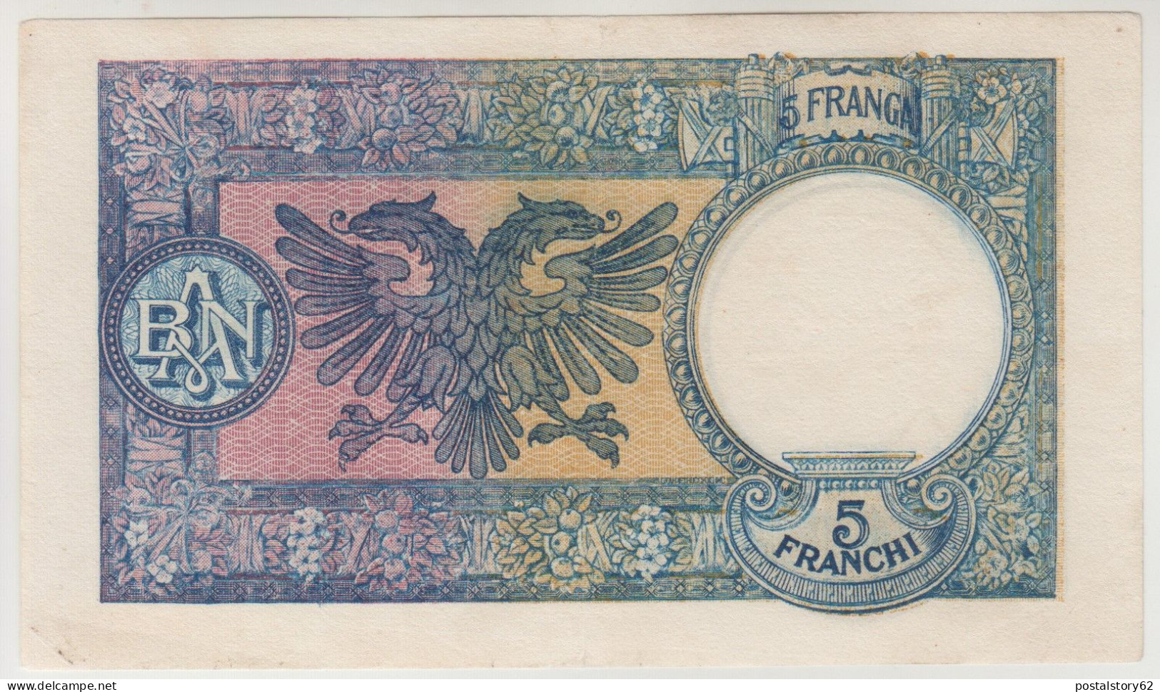 Albania, Occupazione Italiana . Banconota Da 5 Franga - Aquila Bicefala - Conservazione  QFDS Stupenda 1939 - Albanie