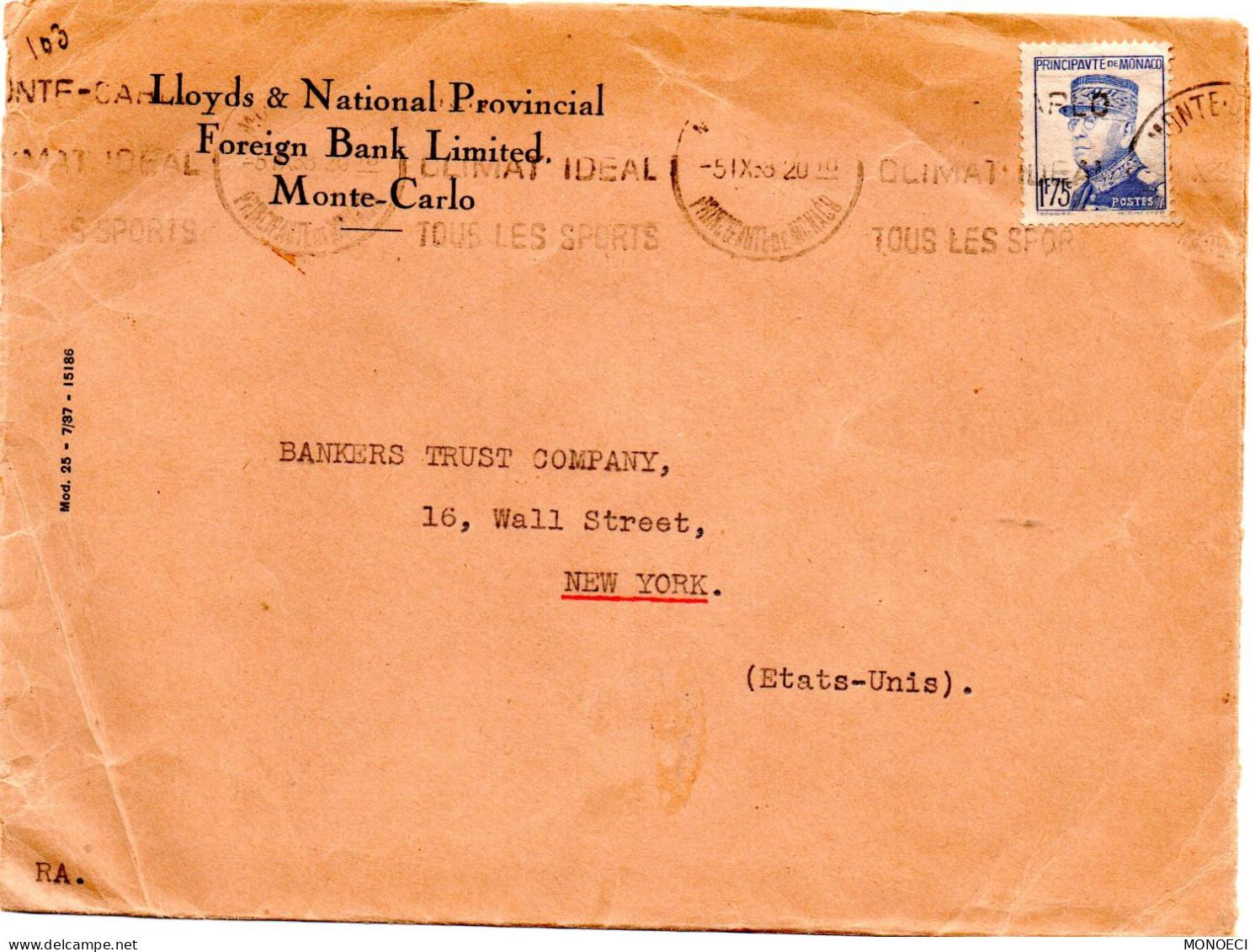 MONACO -- MONTE CARLO -- Grande Enveloppe  LLOYDS Bank -- Timbre Seul Enveloppe 1 F. 75 Outremer Louis II - Usati