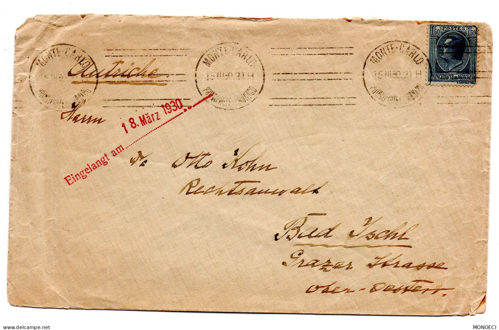 MONACO -- MONTE CARLO -- Enveloppe -- Timbre 1 F.50  Louis II Seul Sur Enveloppe Pour L'Autriche - Gebraucht
