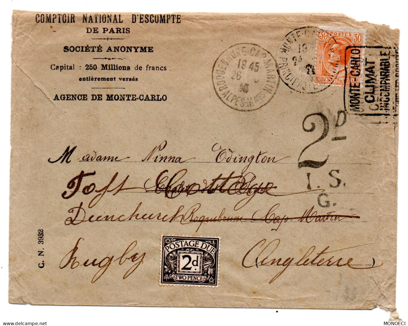 MONACO -- MONTE CARLO -- Enveloppe C.N.E.P. Taxée 2d -- Timbre 30 C. Prince Louis II  Pour L'Angleterre - Used Stamps