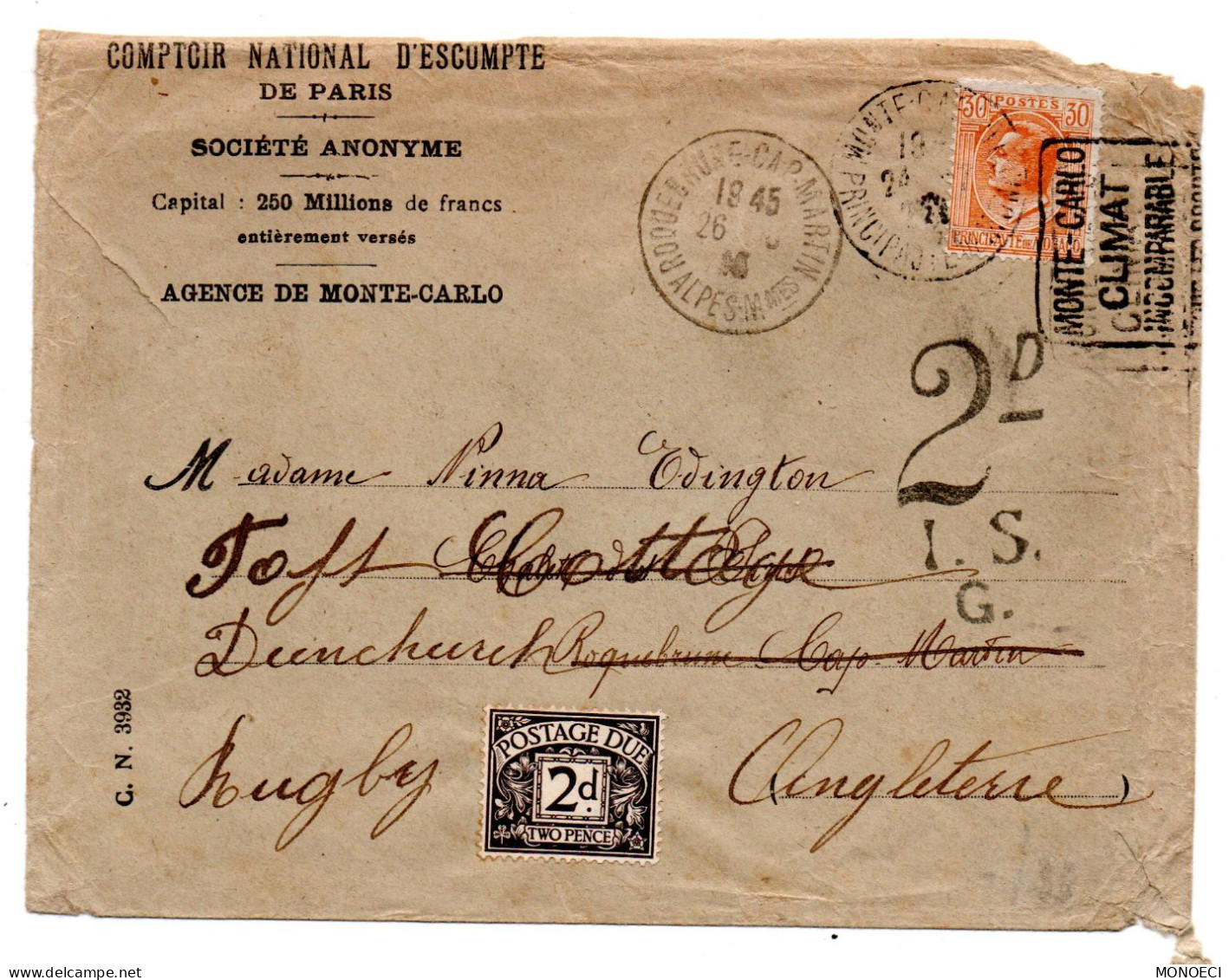 MONACO -- MONTE CARLO -- Enveloppe C.N.E.P. Taxée 2d -- Timbre 30 C. Prince Louis II  Pour L'Angleterre - Oblitérés