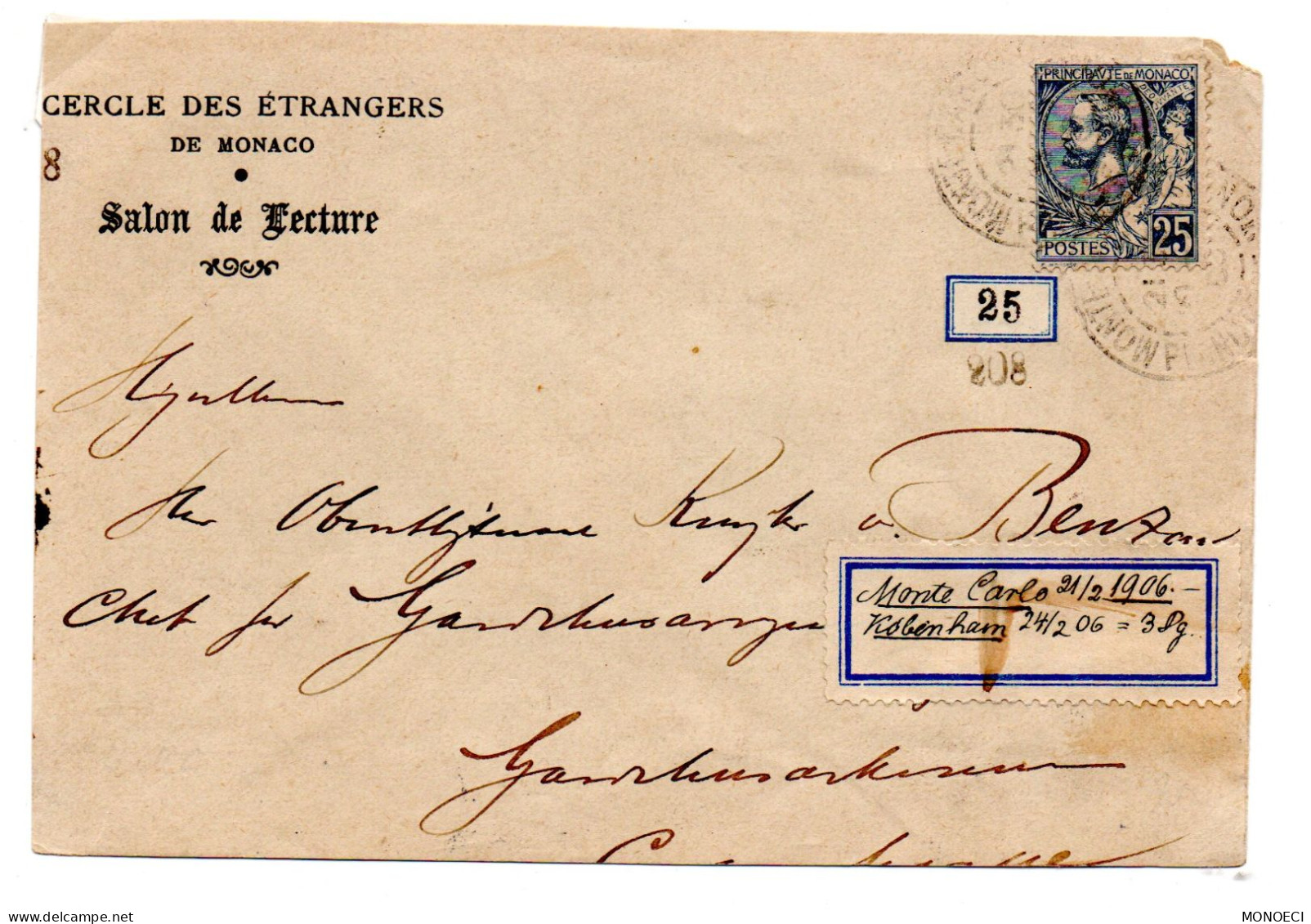 MONACO -- MONTE CARLO -- Découpe D'Enveloppe  Cercle Des Etrangers -- Timbre 25 C. Bleu Prince Albert 1er - Used Stamps