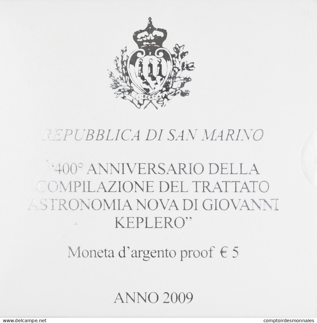 Saint Marin , 5 Euro, Johannes Kepler, 2009, Proof, FDC, Argent - San Marino
