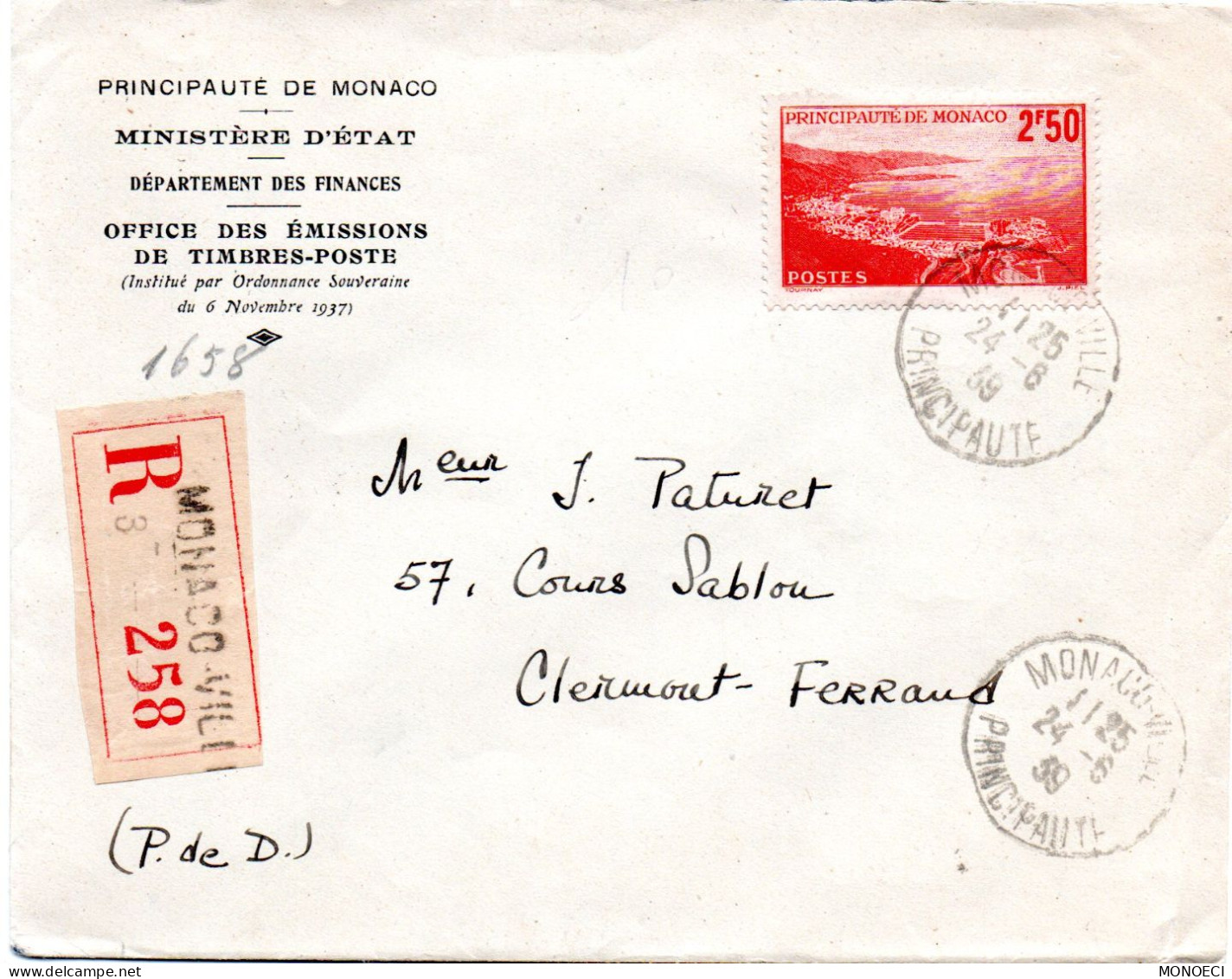 MONACO -- MONTE CARLO -- Enveloppe O.E.T.P. -- Timbre 2 F. 50 Rouge, Seul Sur Enveloppe - Usati