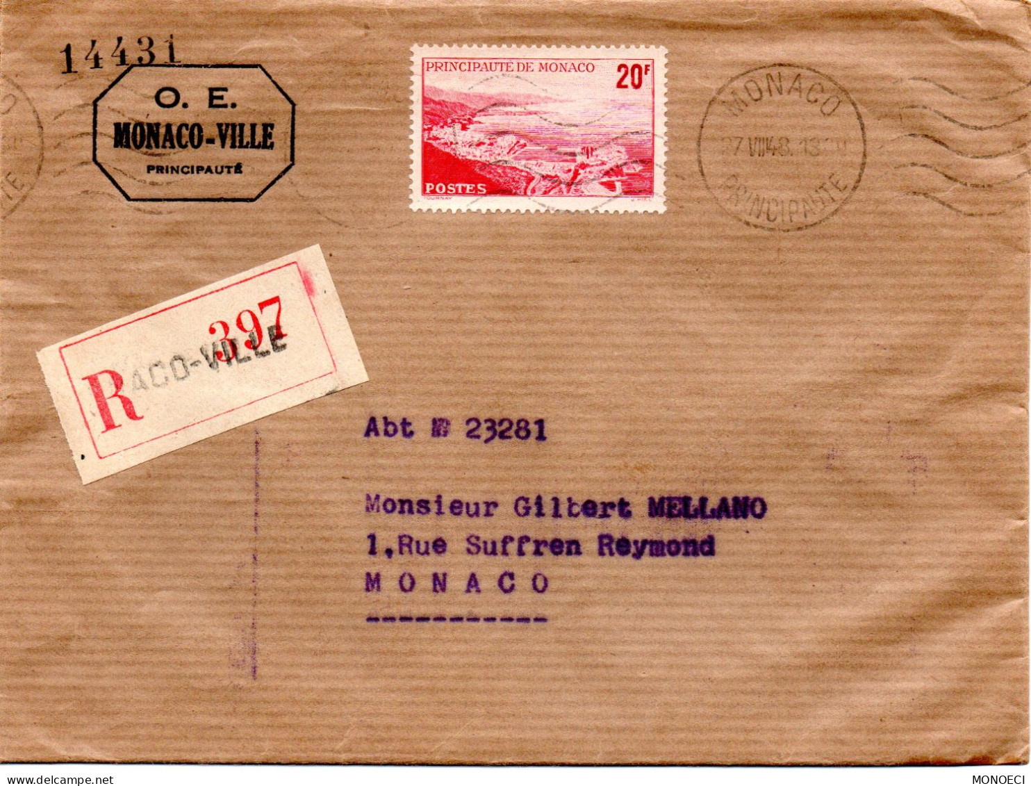 MONACO -- MONTE CARLO -- Enveloppe O.E. -- Timbre 20 F. Rouge - Used Stamps