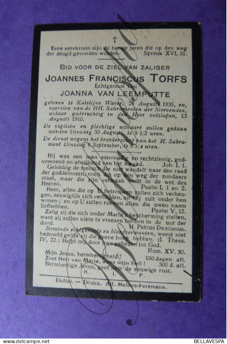 Joannes TORFS Echt. J.VAN LEEMPUTTE St Katelijne Waver 1835-1910 - Décès