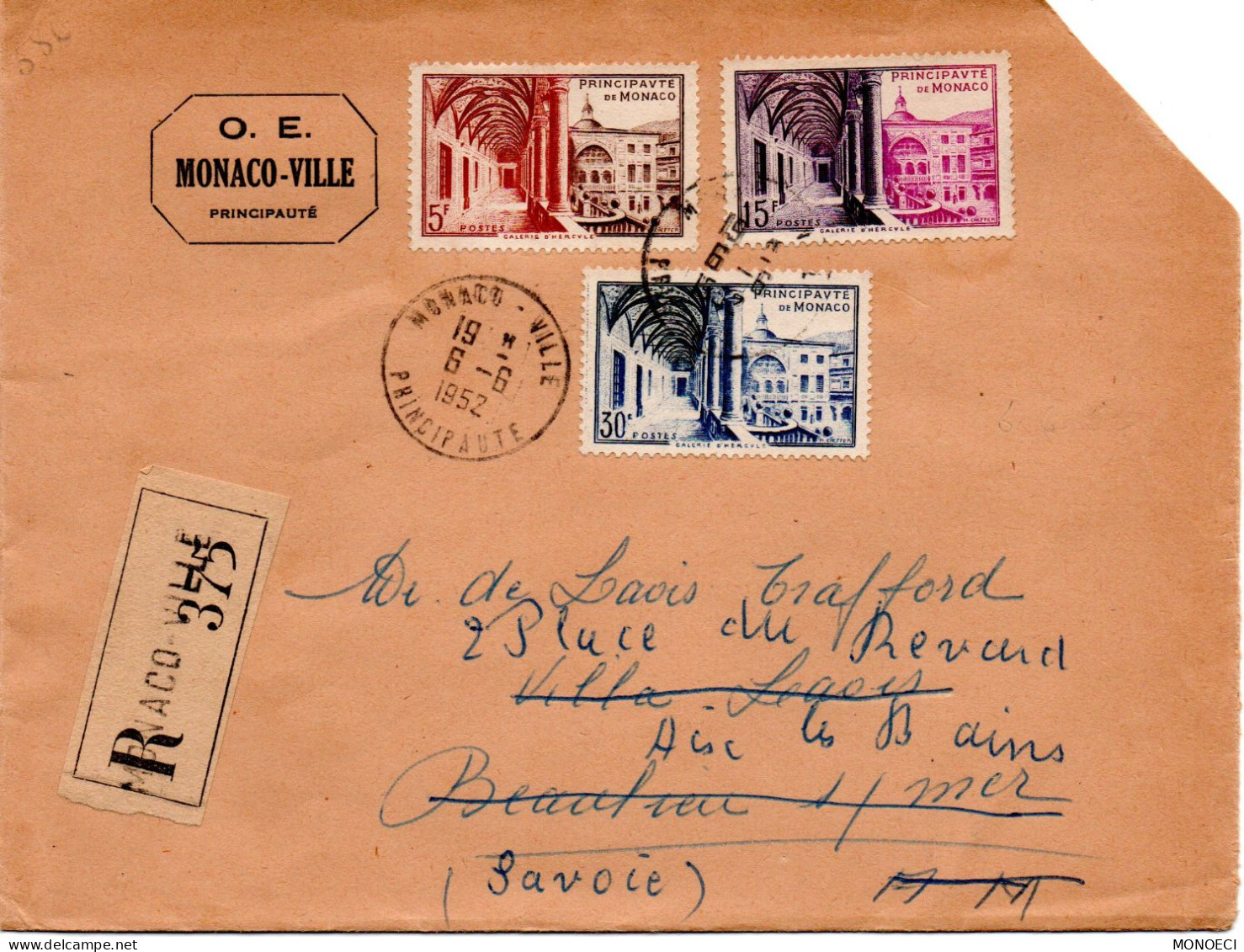 MONACO -- MONTE CARLO -- Enveloppe O.E. -- 3 Timbres Musée Postal Galerie D' Hercule - Oblitérés
