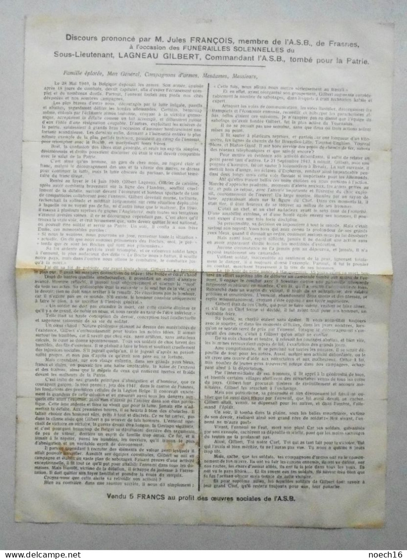 Octobre 1944, Funérailles De Lagneau Gilbert, Armée Secrète Du Tournaisis. Discours De Jules François De Frasnes - Dokumente