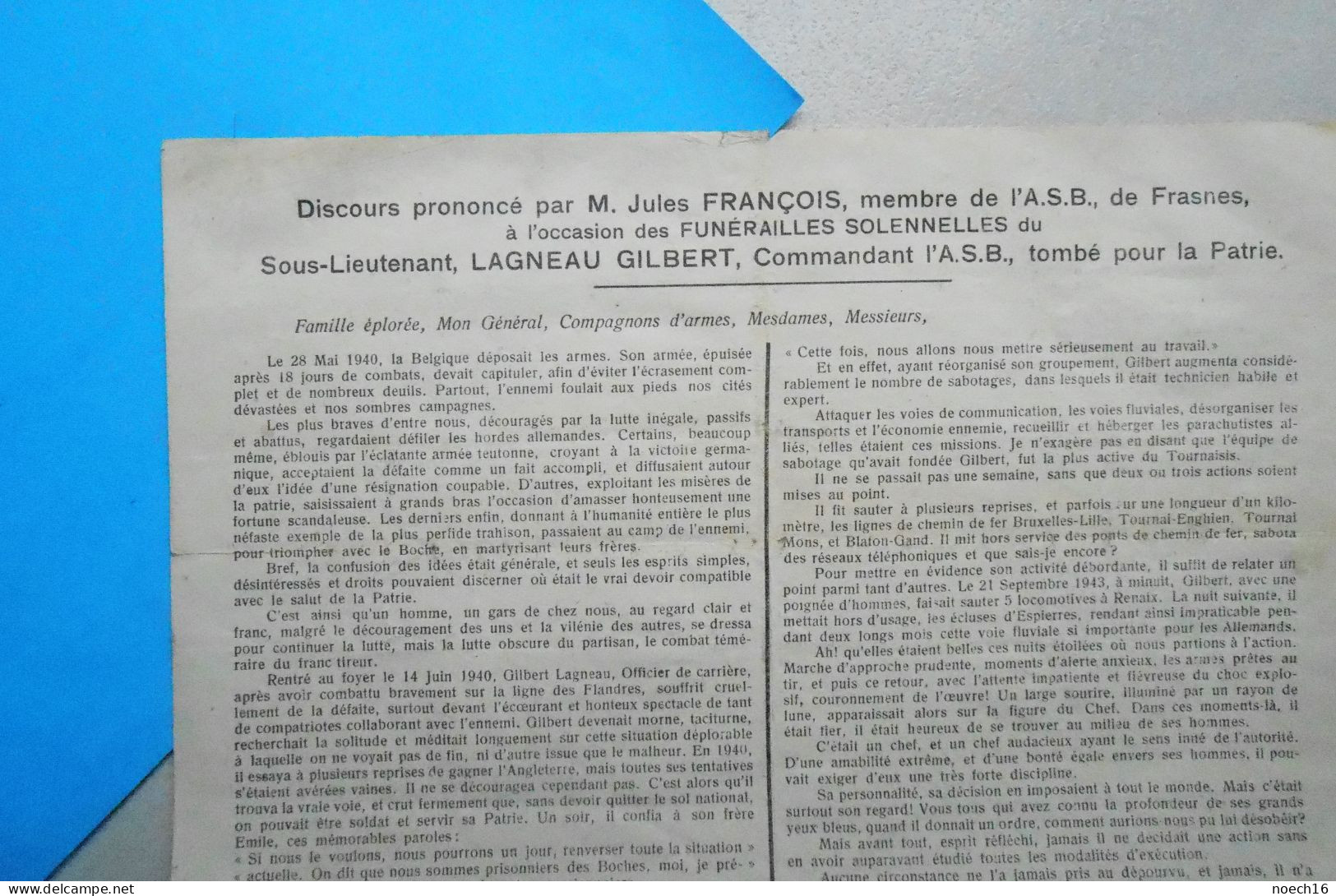 Octobre 1944, Funérailles De Lagneau Gilbert, Armée Secrète Du Tournaisis. Discours De Jules François De Frasnes - Documents