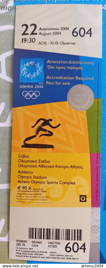 Athens 2004 Olympic Games - Athletics Unused Ticket, Code: 604 - Kleding, Souvenirs & Andere